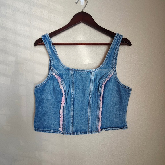 Lee Tops - Vintage 90s Lee Denim‎ Corset Bustier Crop Top Pink Frayed Trim Festival Large